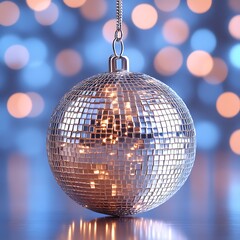 Silver disco ball ornament hangs, bokeh background, holiday decor