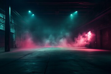 Futuristic industrial warehouse interior with smoke and neon lights illuminating the concrete floor, creating a mysterious atmosphere
