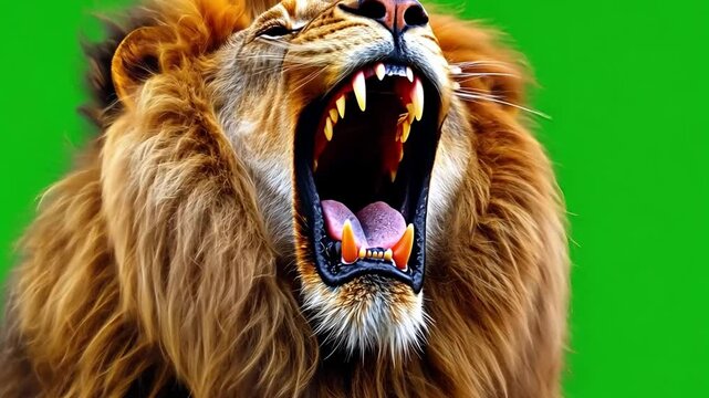 Roaring Lion, Green Screen: A majestic male lion with a thick mane roars, showcasing its powerful teeth and impressive size against a vibrant green screen.  Perfect for compositing and visual effects.
