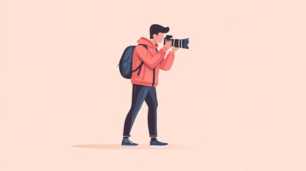 Professional Photographer Capturing Images with Camera in Flat Vector Illustration