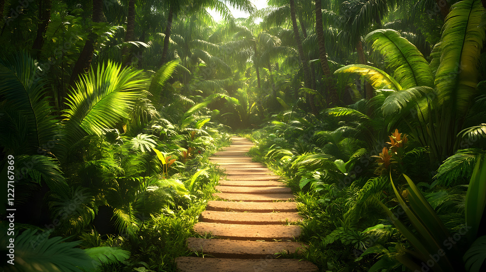 Poster exploring the serene jungle path tropical forest nature photography lush environment eye-level view 