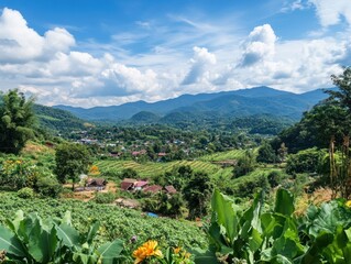 Scenic mountain village surrounded by lush greenery under a bright cloudy blue sky