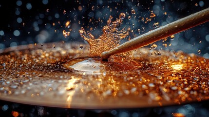 Drumstick hitting cymbal, water splash.