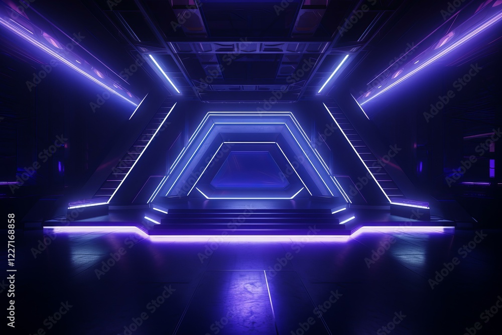 Poster empty spaceship corridor with glowing neon lights illuminating metallic structure, creating futurist