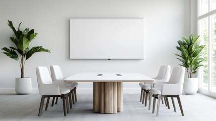 Modern minimalist conference room interior design, white chairs, large blank screen, plants. Use presentations, meetings