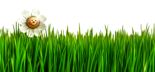 A whimsical daisy with a smiley face amidst lush green grass, symbolizing joy and nature's beauty.
