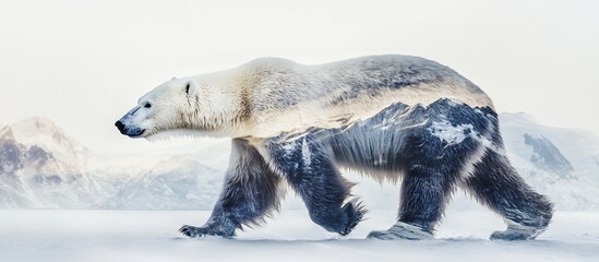 Obraz premium Polar bear walking Arctic mountainscape background