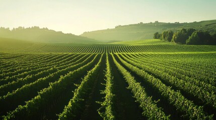 Green Vineyard Rows Stretching Towards the Horizon Under a Gentle Morning Light