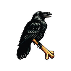 Create a detailed vector illustration of a crow perched on a branch, confidently holding a bone in its beak.  Focus on realistic feather detail and a menacing expression.