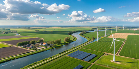 picturesque farmland scene with a winding canal, wind turbines, and solar panels under a bright blue sky, representing modern sustainable agriculture and renewable energy sources