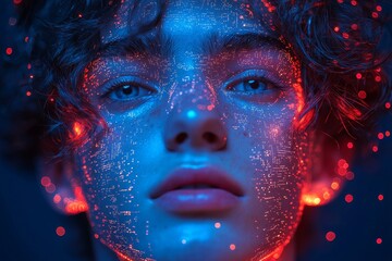 Fototapeta premium Abstract stock wallpaper showcasing a human head embedded in digital technologies. Futuristic technological innovation backdrop. Stock illustration