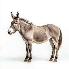 Obraz premium Donkey standing, side view, looking at the camera, isolated on a white background, high-quality photograph. 