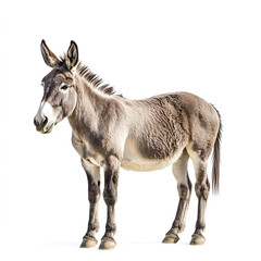 Obraz premium Donkey standing, side view, looking at the camera, isolated on a white background, high-quality photograph. 