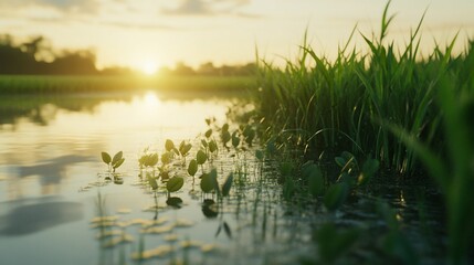 Naklejka premium Sunset Rice Paddy Plants Water Reflection Agriculture
