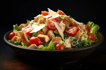 Fresh and vibrant caesar salad with romaine lettuce, crispy croutons, shaved parmesan cheese, and juicy cherry tomatoes, served in a rustic bowl