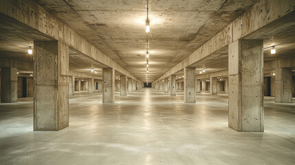 Naklejka premium Empty concrete parking garage interior with pillars and lights