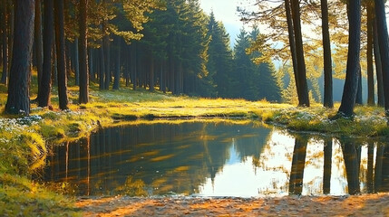 A serene forest scene with tall trees reflecting in a calm pond, surrounded by greenery and soft sunlight filtering through the leaves.
