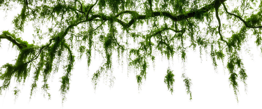 Lush green moss hangs delicately from tree branches, creating a natural curtain in a serene forest environment. - Powered by Adobe