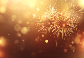 Fototapeta premium Fireworks, sparklers, New Year's Eve celebration, gold background, golden glow, fireworks sparks, festive atmosphere, fireworks blooming in the air, sparkling and dazzling effects, golden light 