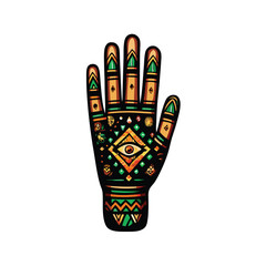 Create a detailed vector graphic of an Aztec handprint incorporating symbolic elements, focusing on precise lines and vibrant colors.