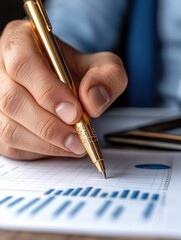 Close-Up of Hand Holding Pen Over Financial Reports and Charts