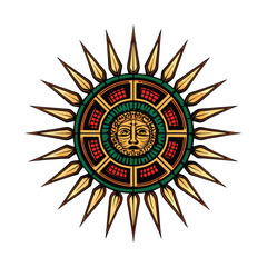 Create a detailed vector illustration of the Aztec sun god Tonatiuh, incorporating intricate details and radiating sun rays extending outwards.