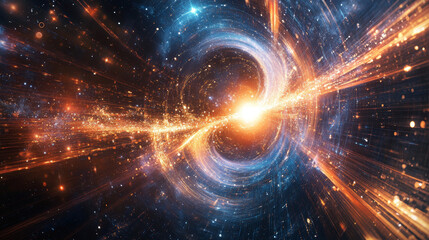 Fototapeta premium A dark void suddenly illuminated by a blinding flash of light, with waves of heat and swirling particles racing outward, setting the foundation for the universe. 