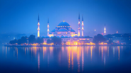 Fototapeta premium A serene view of a mosque illuminated at dusk, reflecting in the water.