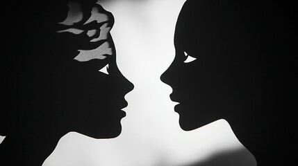 Silhouettes facing, studio light, textured background, romance concept