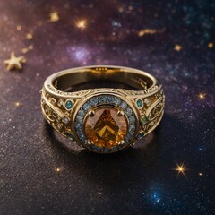 A gold birthstone ring with a custom zodiac engraving placed on a cosmic-themed background.