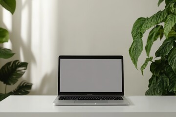 Fototapeta premium A modern laptop sits on a desk surrounded by greenery, creating a harmonious balance between technology and nature.