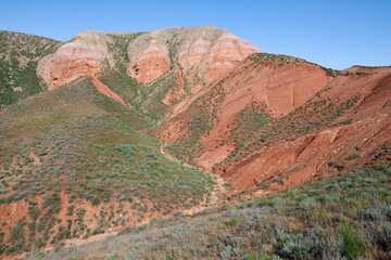 View of Bolshoe Bogdo mount on a sunny May day. Astrakhan Region, Russia