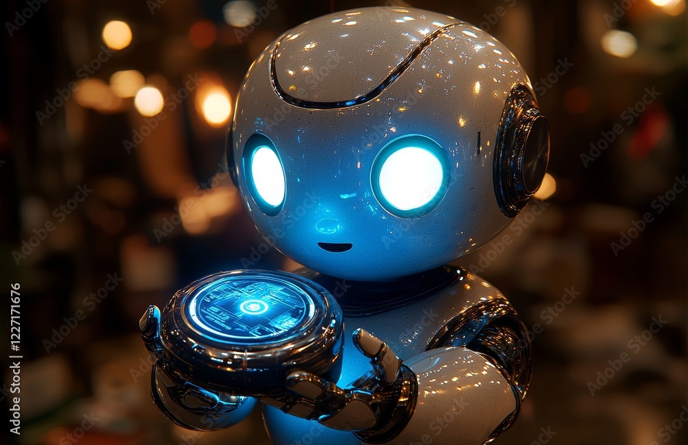 Poster blue robotic assistant or a stock robot with a graphical display