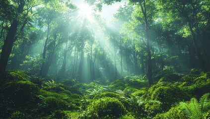 Naklejka premium Exotic foggy forest, jungle panorama, forest oasis, foggy dark forest, natural forest landscape