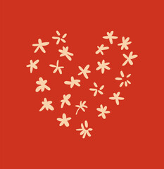 Heart shape made of flowers on a red background. Vector illustration.