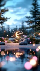 Enchanted Forest Night Scene with Glowing Crescent Moon and Sparkling Lights