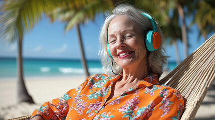Joyful elderly woman relaxing in hammock under palm trees on a serene beach with headphones on