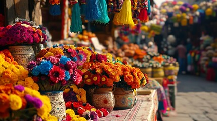 Fototapeta premium Colorful artisan flowers displayed at bustling Mexican market