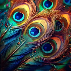 Obraz premium close-up of vibrant colorful peacock feathers, background graphic resource