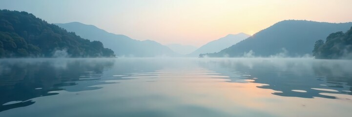 Obraz premium Gentle ripples on the lake's surface with mist rising, calm, peaceful, stillness