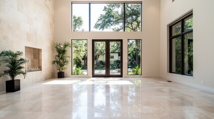 Luxurious home interior, large windows, garden view, bright sunlight, real estate