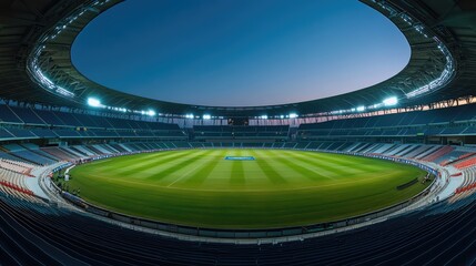 Highdefinition panoramic photo of cricket stadium in daylight and under stadium lights. Concept Cricket Stadium, Panoramic View, Daylight, Stadium Lights, High-definition Photo