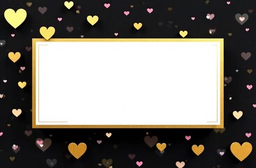 A modern Valentine’s Day card with geometric heart patterns in black and gold, a large empty white rectangle at the center for text