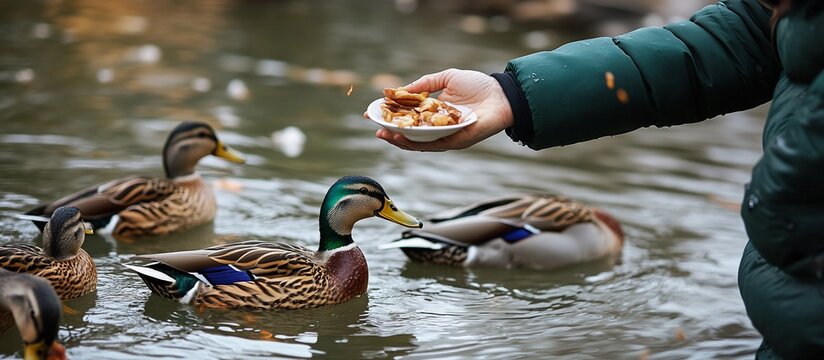Person feeding ducks bread crumbs at park pond