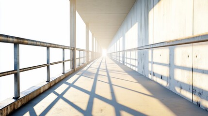 Obraz premium Sunlit concrete walkway, bridge perspective, hazy horizon, architectural design