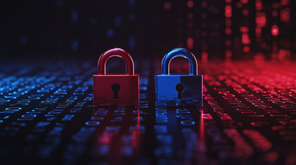 Futuristic digital illustration of two glowing red and blue padlocks on a cyber-themed background representing encryption and online security  
