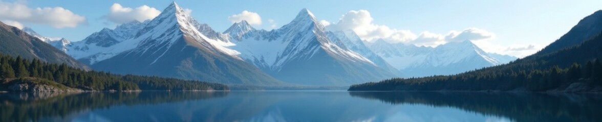 Snow-capped mountain peaks dominate the sky amidst a serene lake, wilderness, scenery