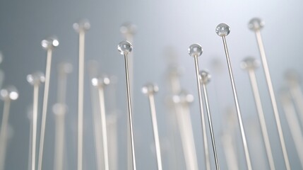 Glass pins rise on grey background, signifying connection, network, or growth; ideal for tech or science visuals