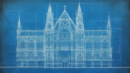 Detailed blueprint design of a large cathedral showcasing architectural plans and structural elements