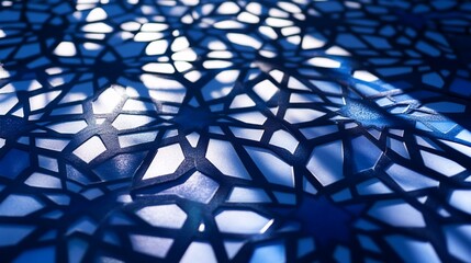 Naklejka premium Blue geometric pattern backlit, window light, Islamic design, textile texture, background